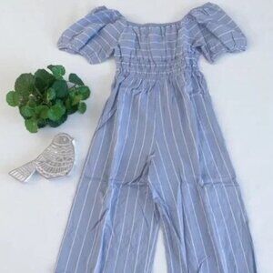 Entro Alissa Cropped Striped Jumpsuit Sky Blue White Smocked Puff Sleeve NWT